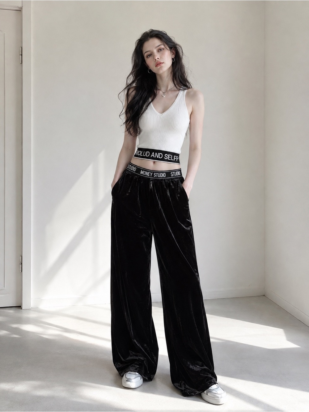 White Ribbed Knit V-Neck Tank Top Black Letter Hem Y2K Slim Fit